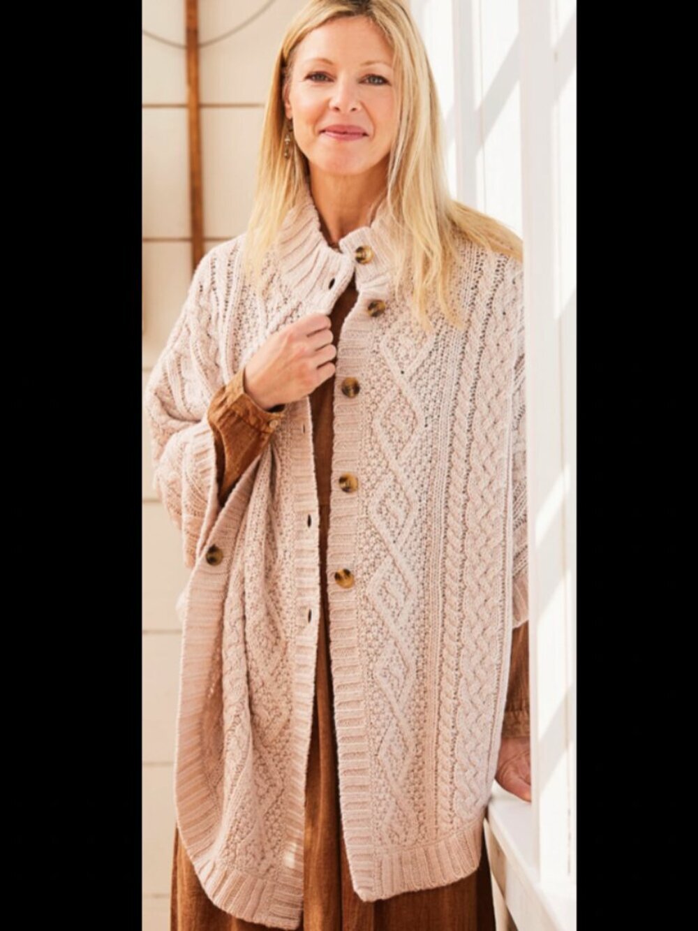 April Cornell Tan Beige Woodland Cape Cableknit Button Front Size M/L